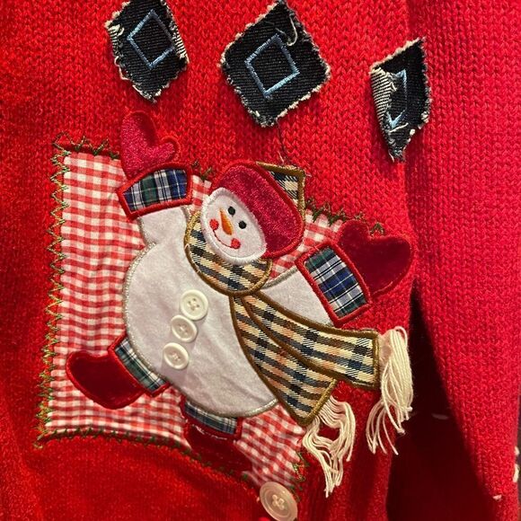 Basic Editions Christmas Patchwork Santa Snowman Knit Zip Up Sweater Large - Picture 8 of 14